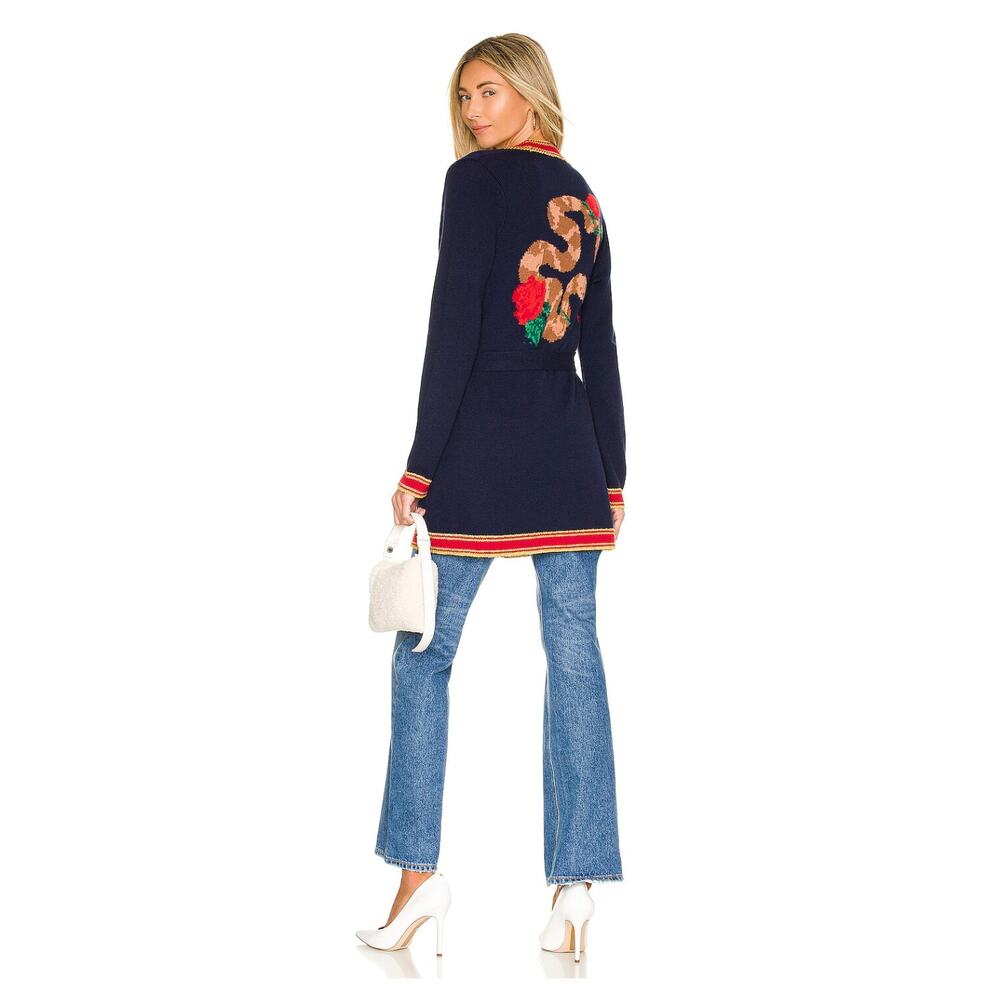 L'Agence Lorie Open Front Cardigan M Navy Blue Snake Roses Metallic Intarsia Red